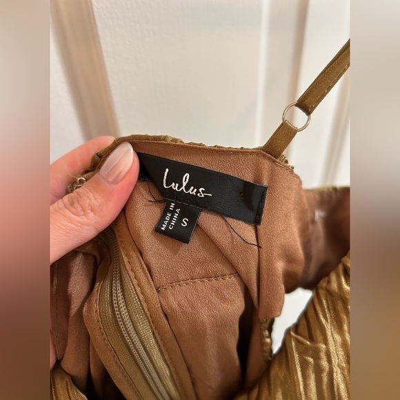 Lulus Kanya Gold Satin Plisse Tiered Maxi Wedding Guest Dress - Picture 9 of 9